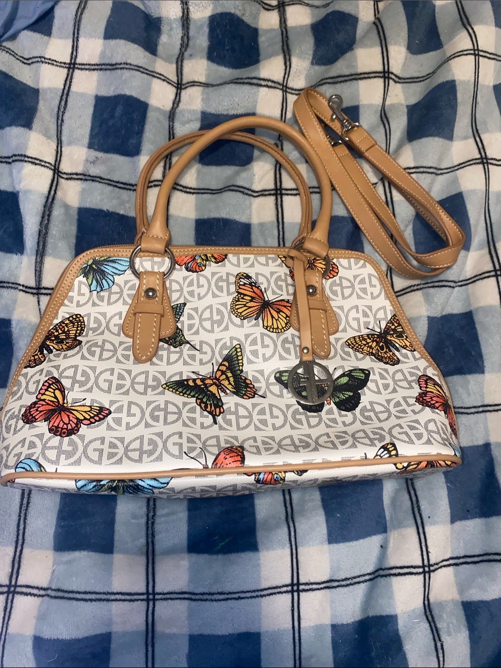 Giani Bernini White Butterfly Satchel with Tan Trim